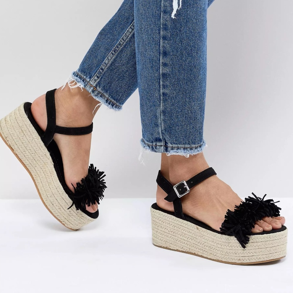 Pull & Bear Espadrilles fringe black sandals 38